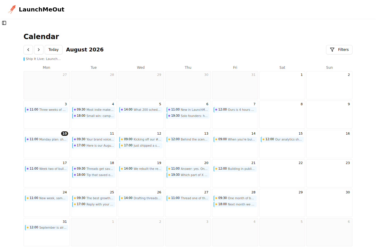Monthly content calendar with scheduled posts