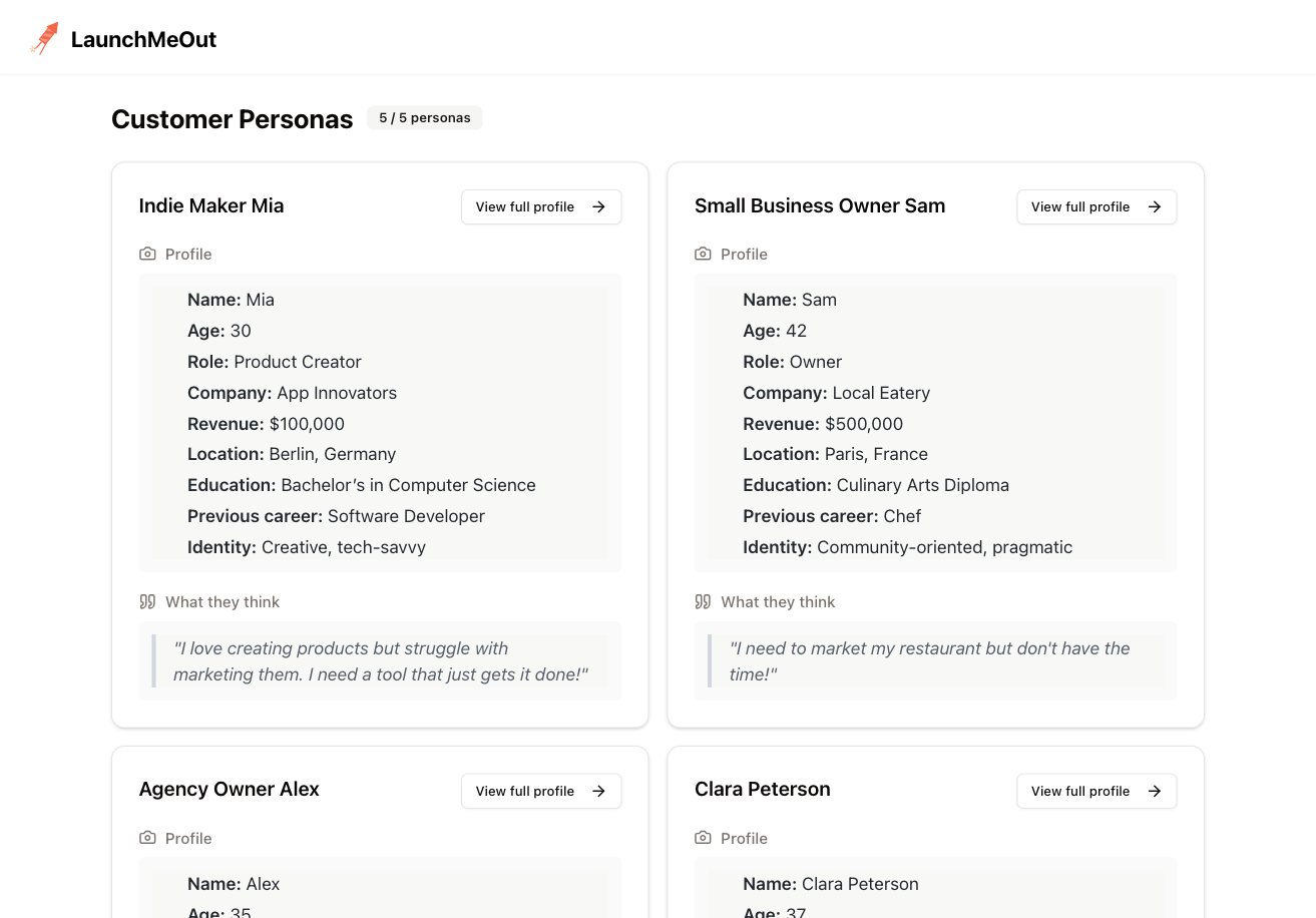 Customer Personas screen