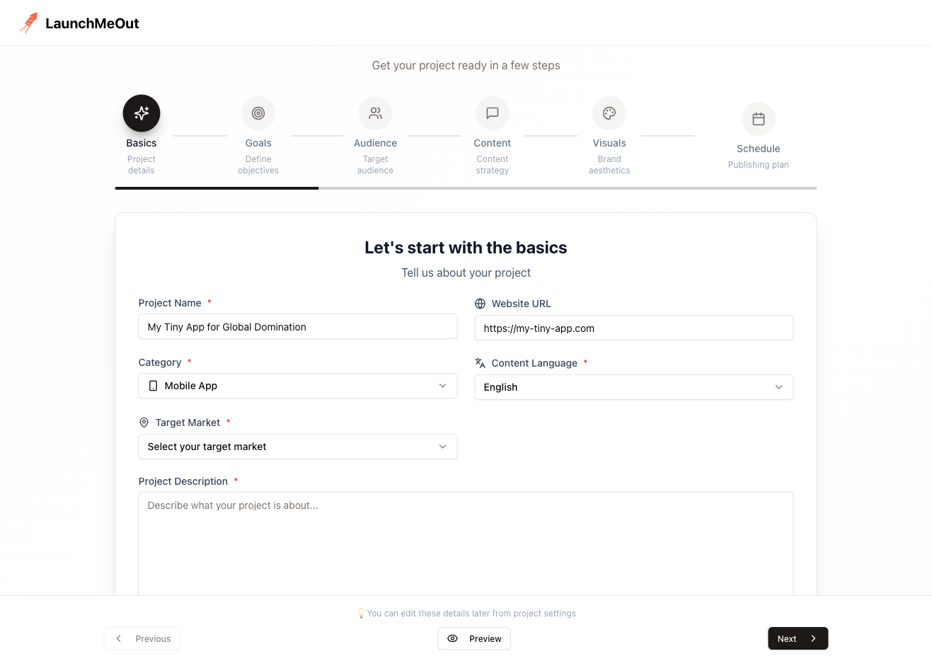 Project setup wizard